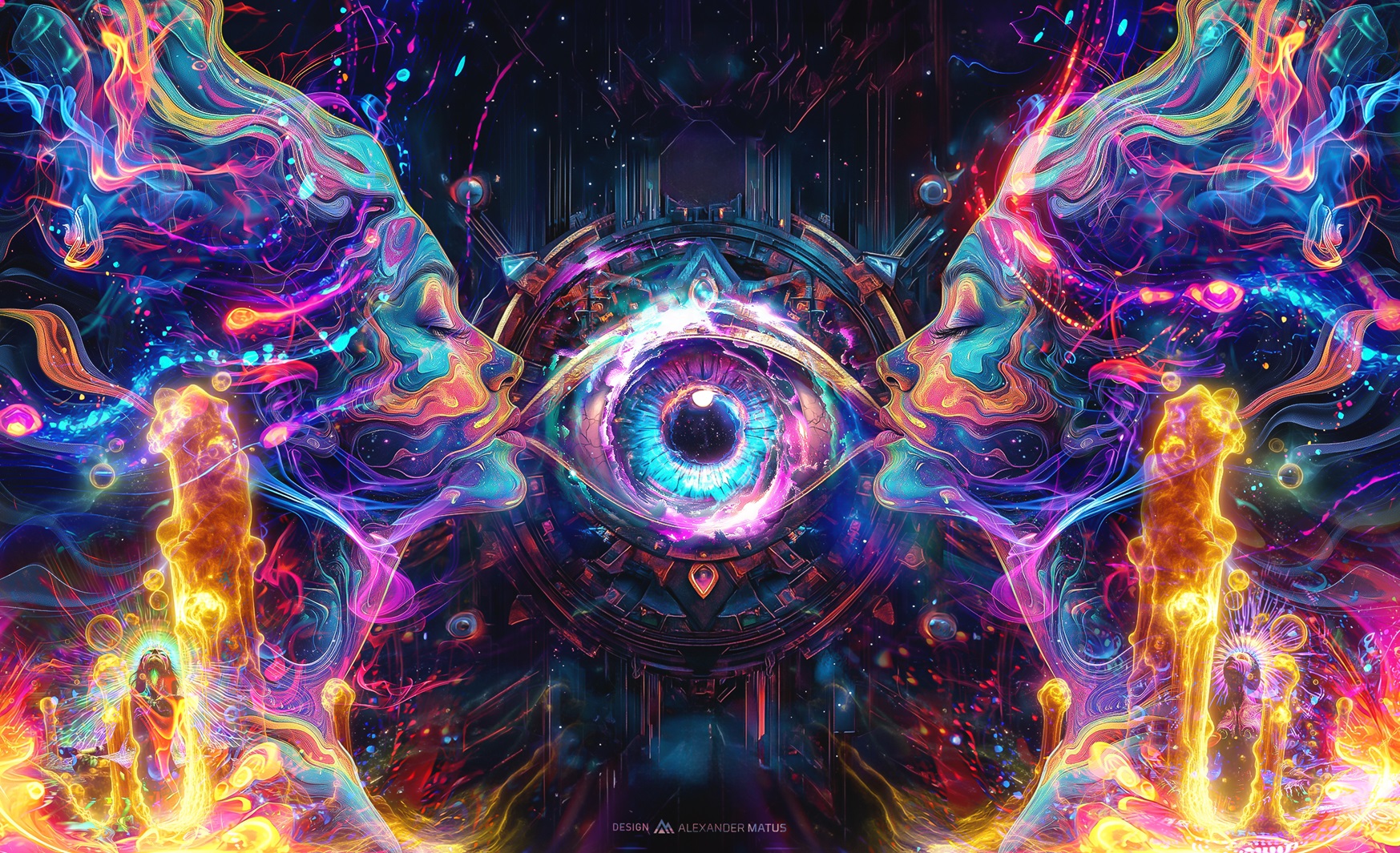 Arte digital psicodélico con dos rostros de perfil y un gran ojo central brillante sobre un fondo abstracto y colorido, creando una experiencia visual impactante.